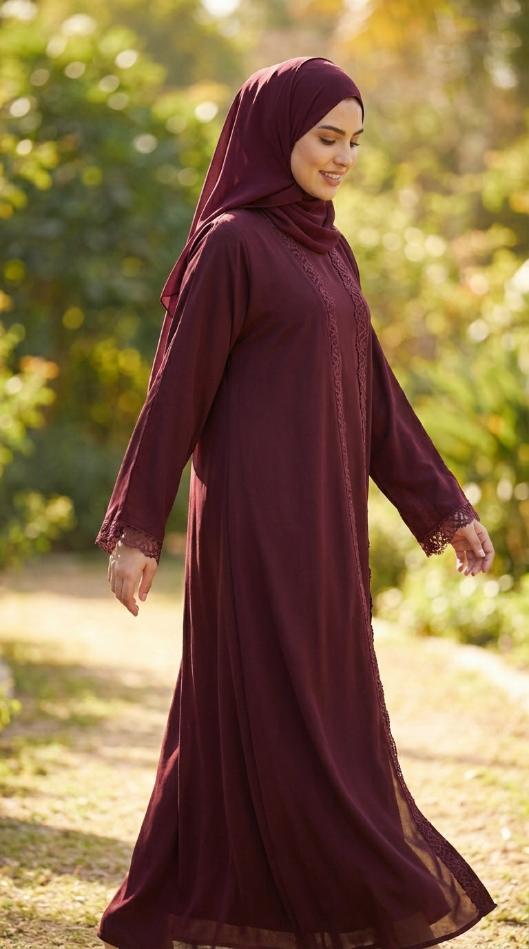 Deep Maroon, Open-Front Abaya with Crochet Lace Trim