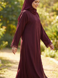 Deep Maroon, Open-Front Abaya with Crochet Lace Trim