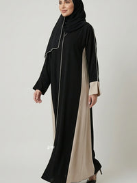 Two-Tone Jet Black, contrasted with Beige or Sand Contrast Panel Abaya with Piping