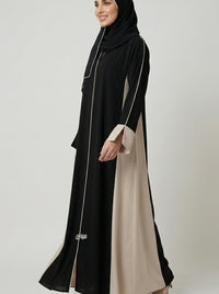 Two-Tone Jet Black, contrasted with Beige or Sand Contrast Panel Abaya with Piping