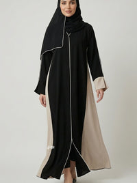 Two-Tone Jet Black, contrasted with Beige or Sand Contrast Panel Abaya with Piping