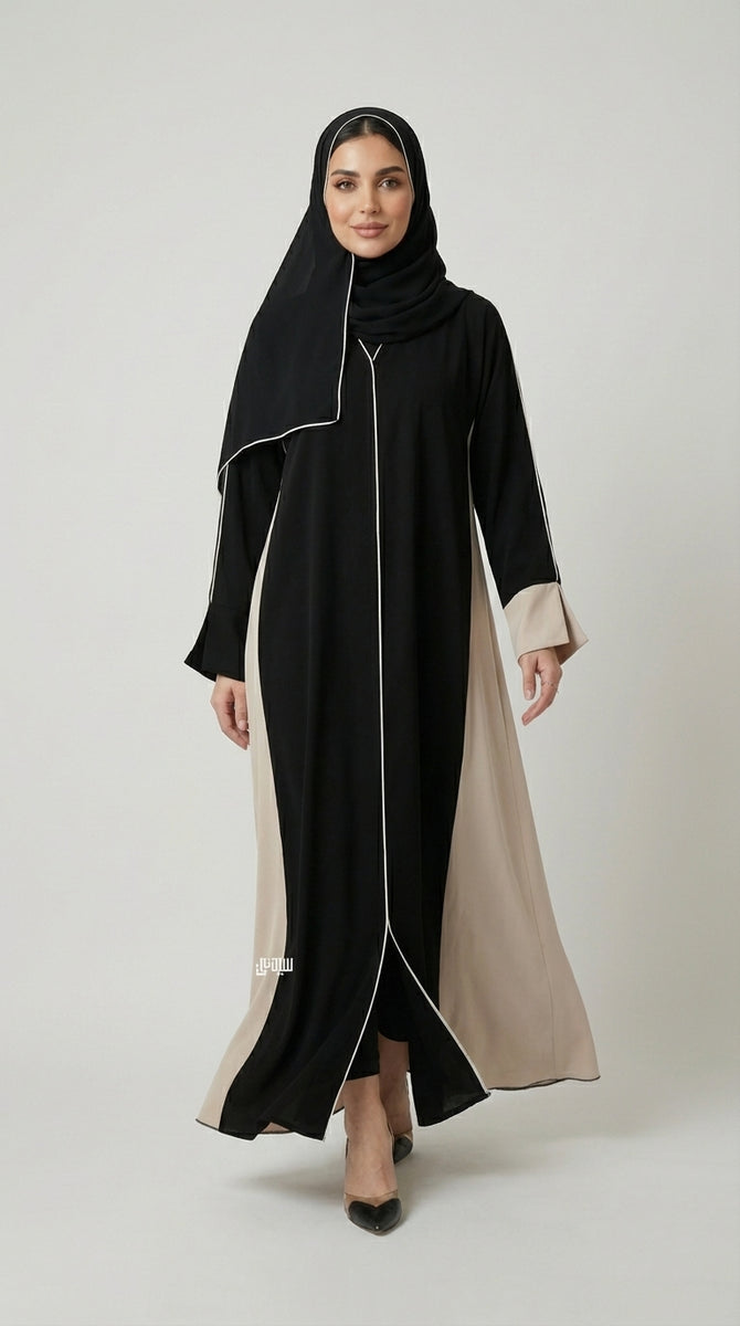 Two-Tone Jet Black, contrasted with Beige or Sand Contrast Panel Abaya with Piping