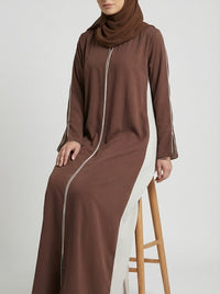 Two-Tone design Chocolate Brown Off-White  Contrast Panel Abaya with Piping