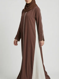 Two-Tone design Chocolate Brown Off-White  Contrast Panel Abaya with Piping