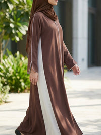 Two-Tone design Chocolate Brown Off-White  Contrast Panel Abaya with Piping