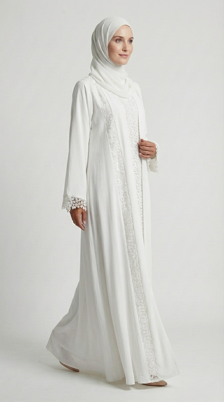 Pure White Lace-Trimmed Open Front Abaya