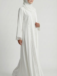 Pure White Lace-Trimmed Open Front Abaya