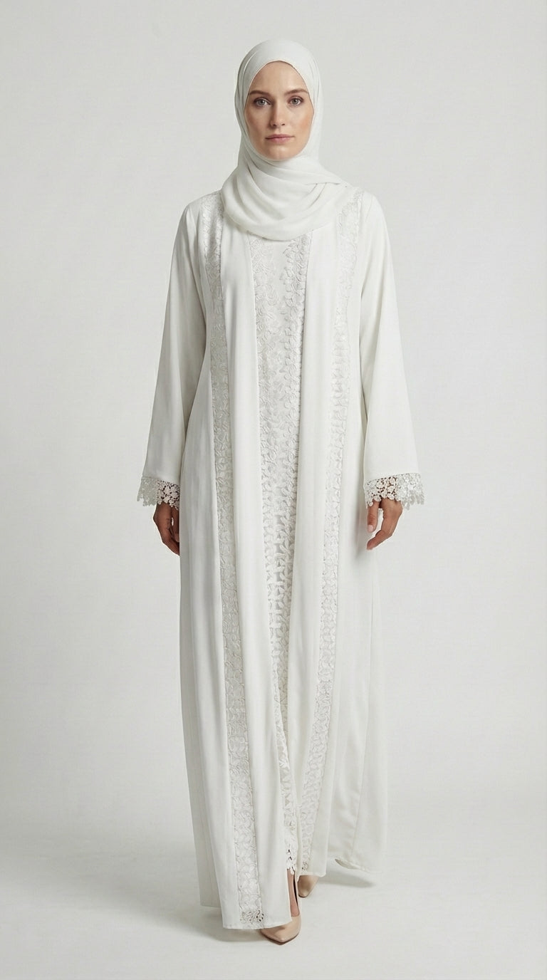Pure White Lace-Trimmed Open Front Abaya