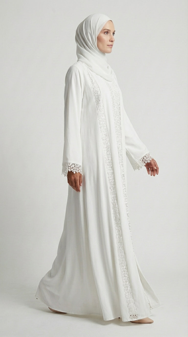 Pure White Lace-Trimmed Open Front Abaya