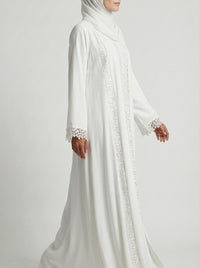 Pure White Lace-Trimmed Open Front Abaya