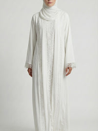 Pure White Lace-Trimmed Open Front Abaya