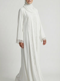 Pure White Lace-Trimmed Open Front Abaya