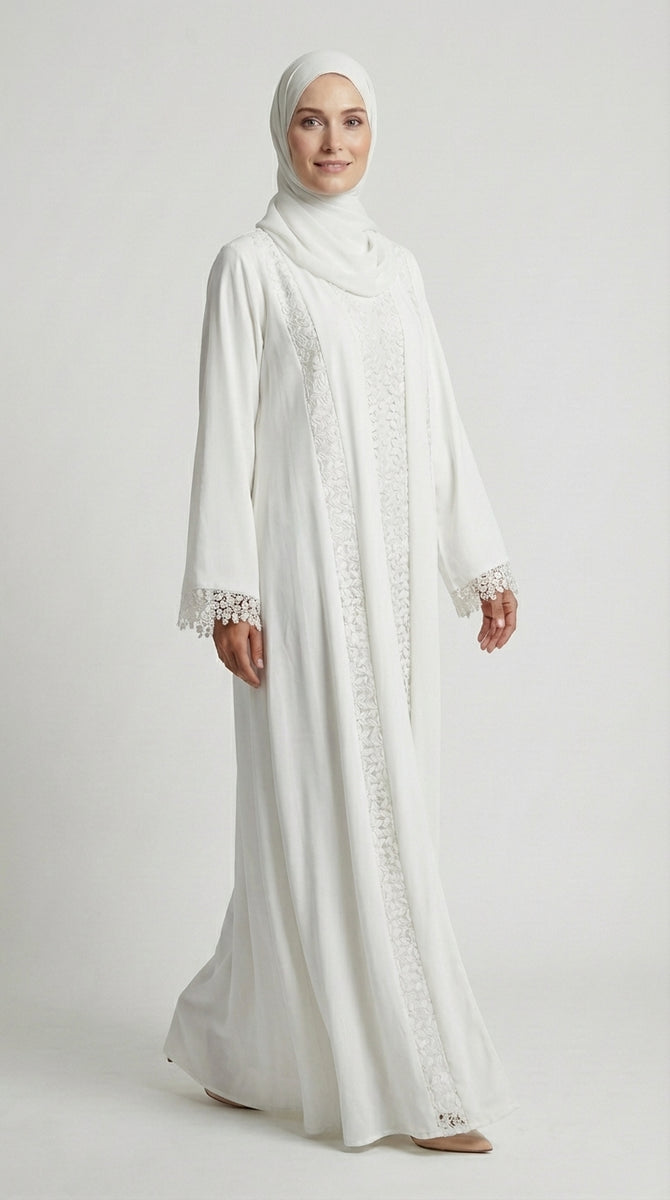 Pure White Lace-Trimmed Open Front Abaya