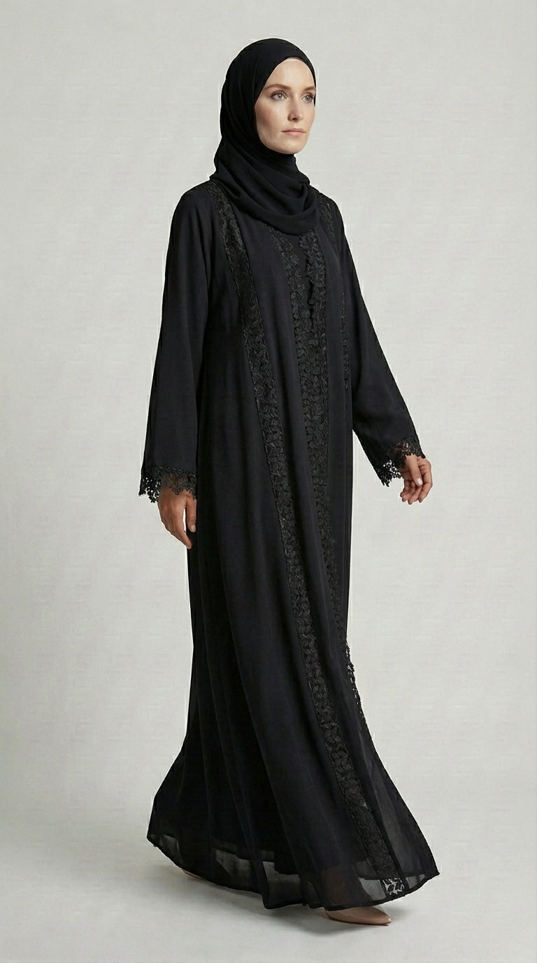 Classic Black Lace-Trimmed Open Front Abaya