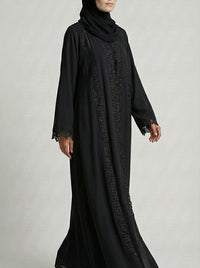 Classic Black Lace-Trimmed Open Front Abaya