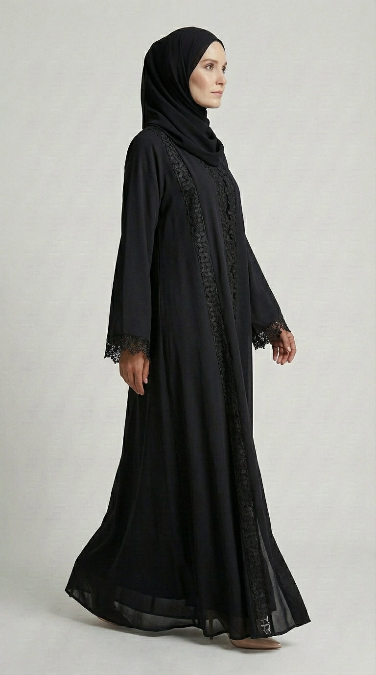 Classic Black Lace-Trimmed Open Front Abaya