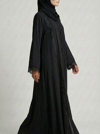 Classic Black Lace-Trimmed Open Front Abaya