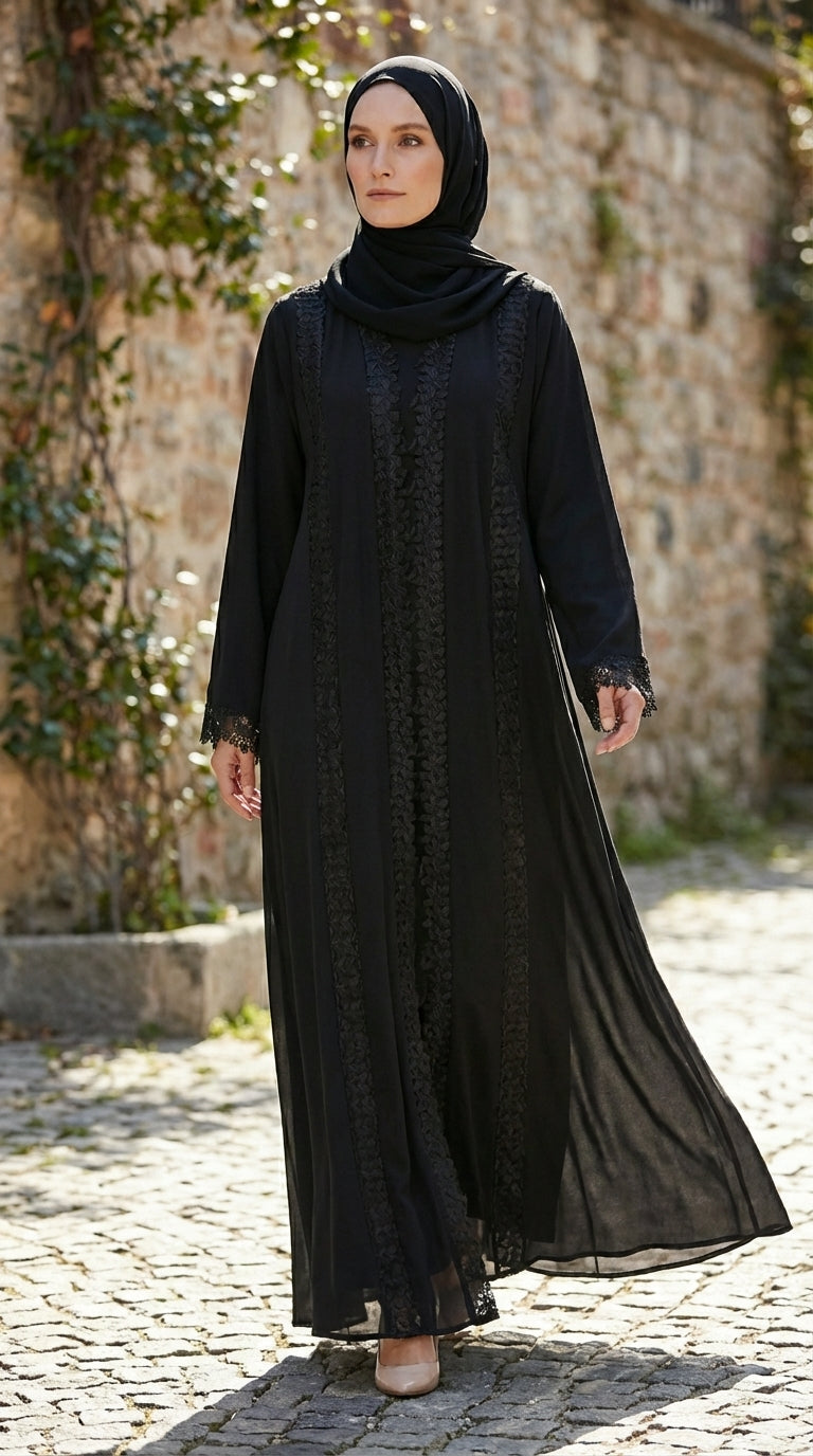 Classic Black Lace-Trimmed Open Front Abaya
