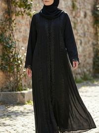 Classic Black Lace-Trimmed Open Front Abaya