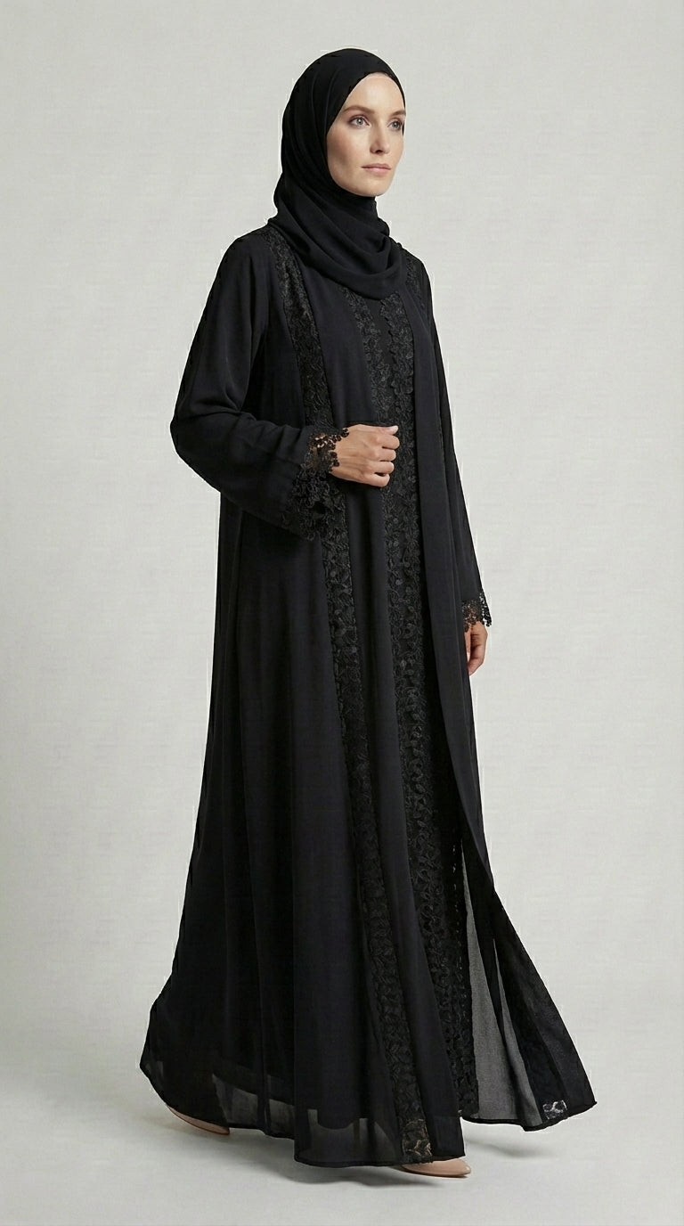 Classic Black Lace-Trimmed Open Front Abaya