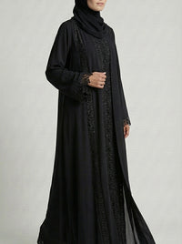 Classic Black Lace-Trimmed Open Front Abaya