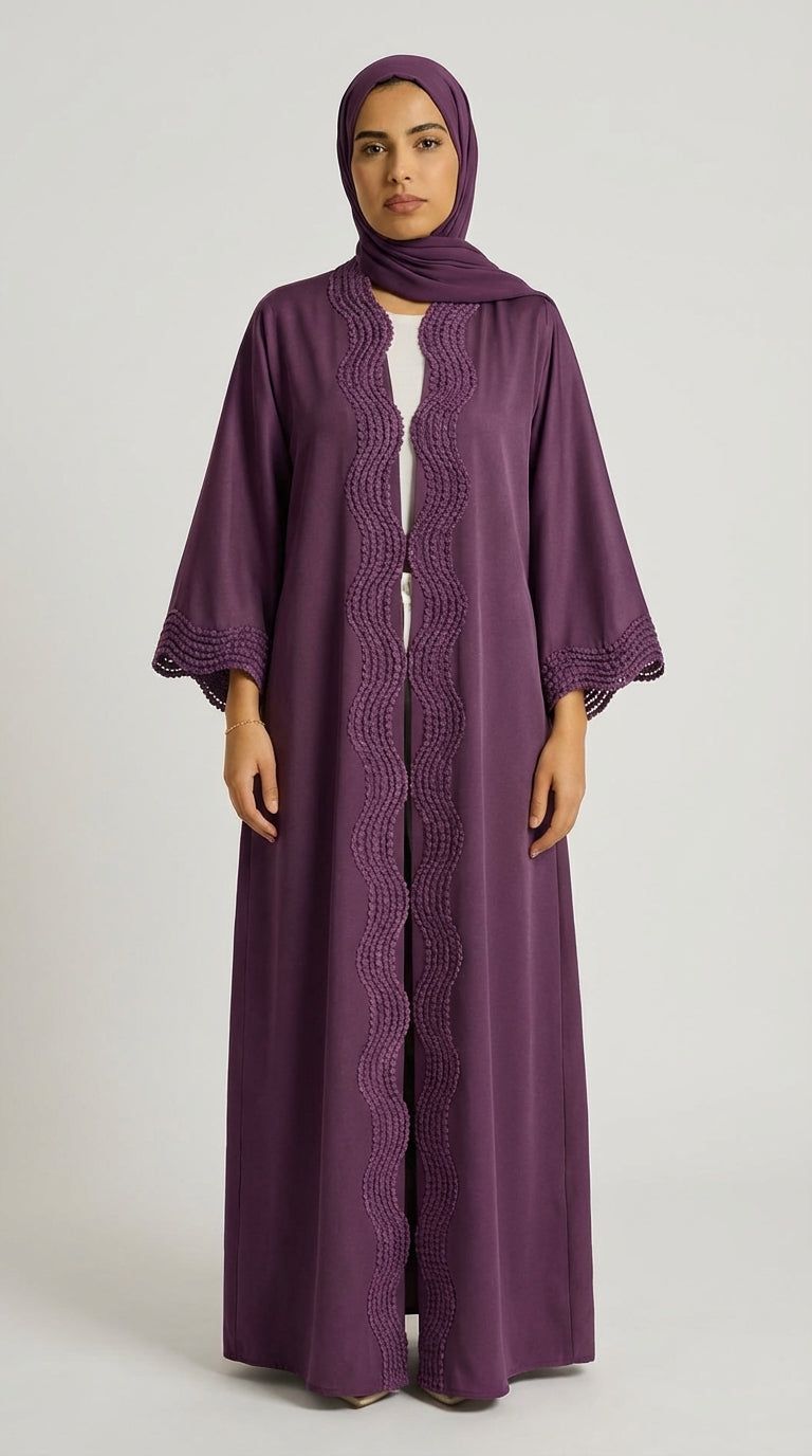 Deep Purple Open-Front Abaya with Scalloped Trim