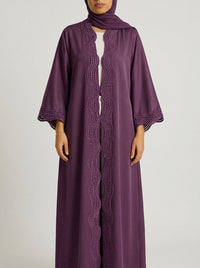 Deep Purple Open-Front Abaya with Scalloped Trim