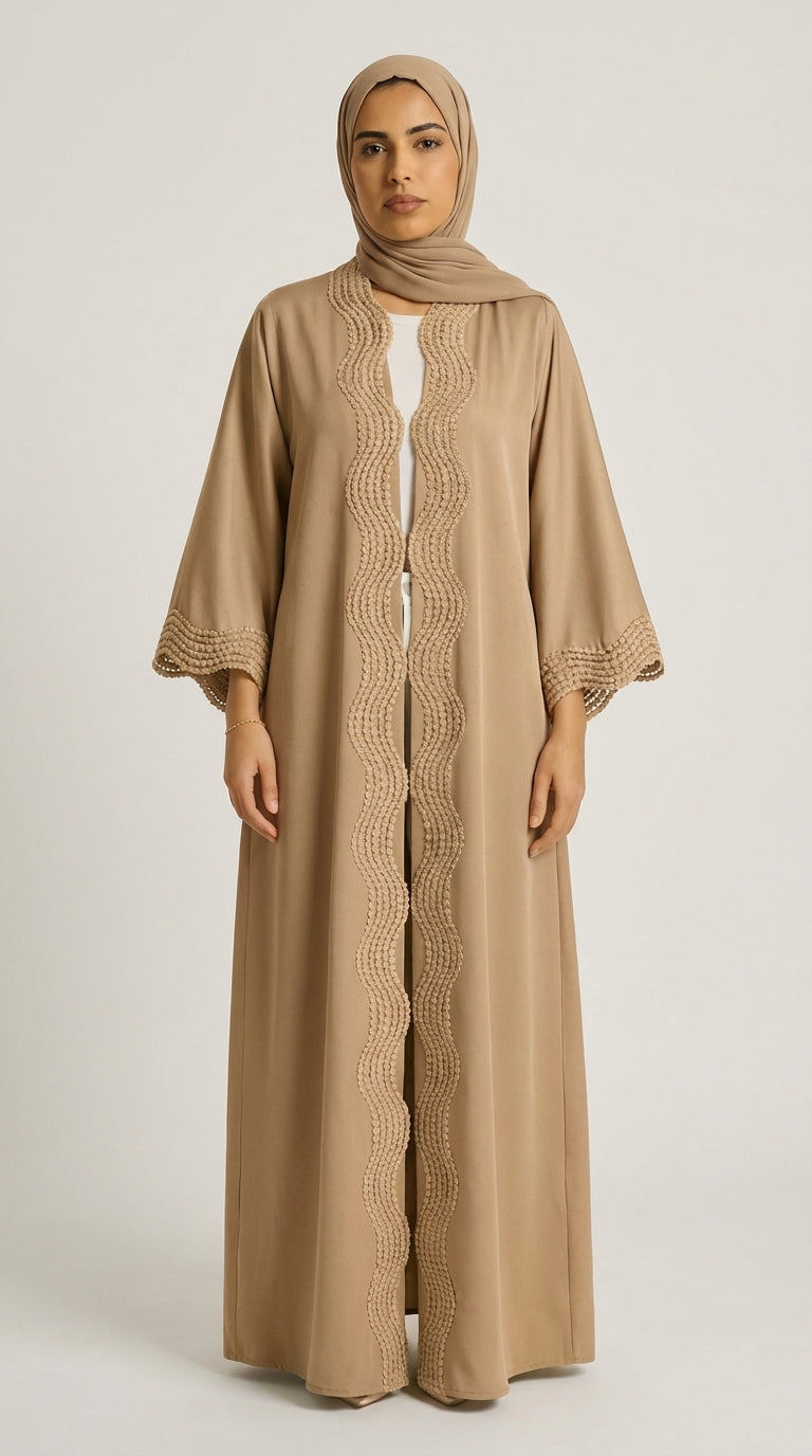 Mocha Open-Front Abaya with Scalloped Trim