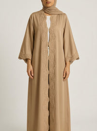 Mocha Open-Front Abaya with Scalloped Trim