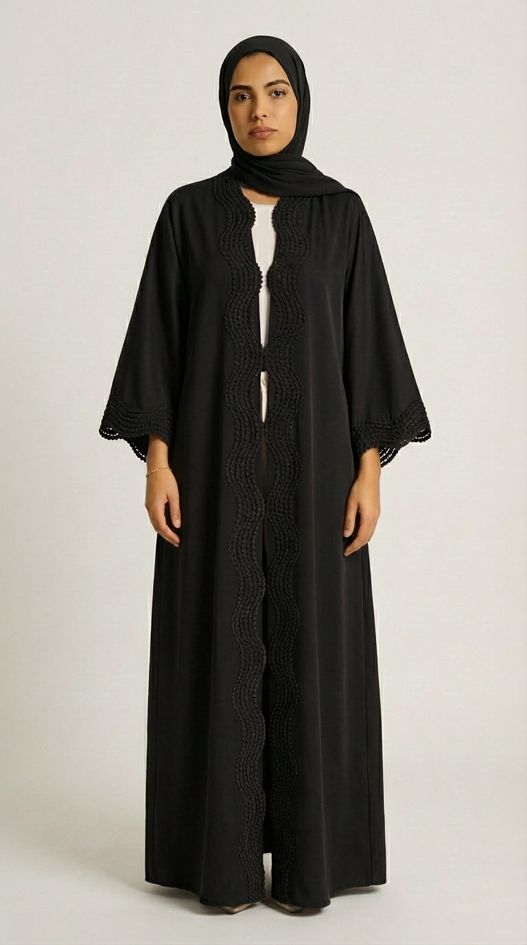 Classic Black Open-Front Abaya with Scalloped Trim