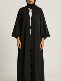 Classic Black Open-Front Abaya with Scalloped Trim
