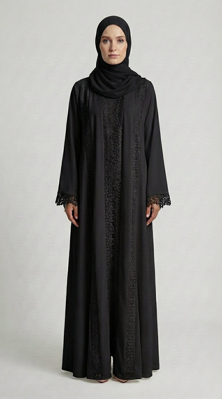 Classic Black Lace-Trimmed Open Front Abaya