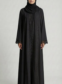 Classic Black Lace-Trimmed Open Front Abaya