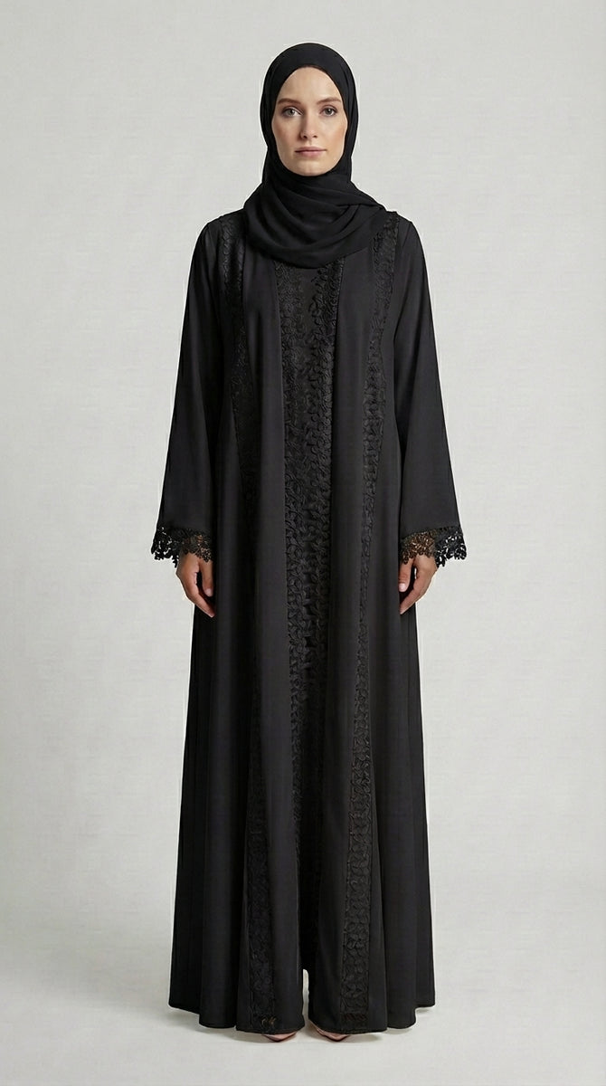 Classic Black Lace-Trimmed Open Front Abaya