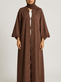 Chocolate Brown Open-Front Abaya with Scalloped Trim