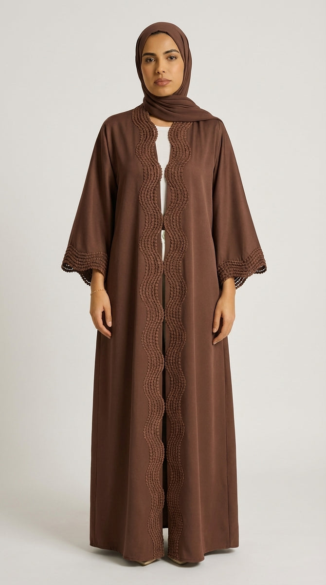 Chocolate Brown Open-Front Abaya with Scalloped Trim