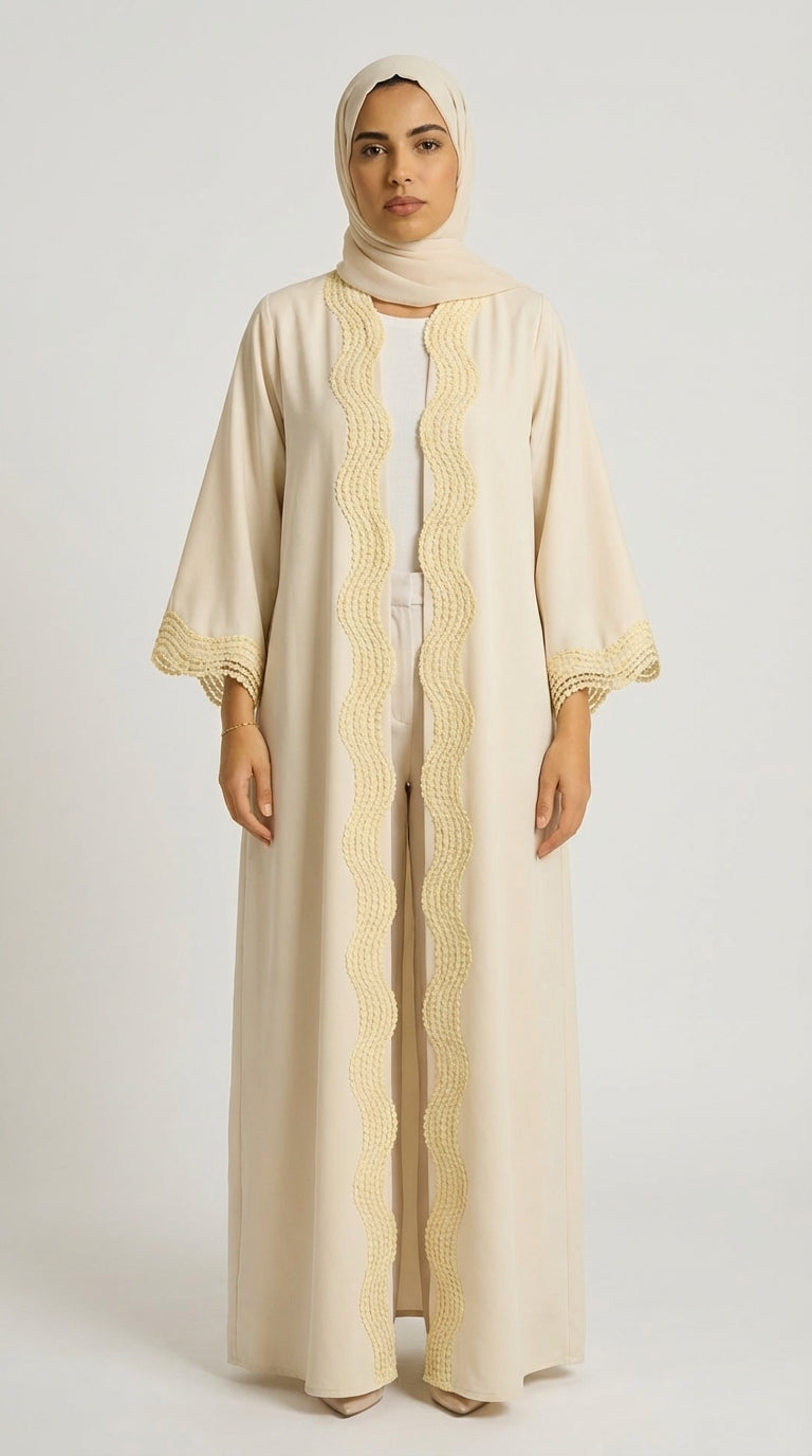 Beige Open-Front Abaya with Scalloped Trim.