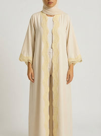 Beige Open-Front Abaya with Scalloped Trim.
