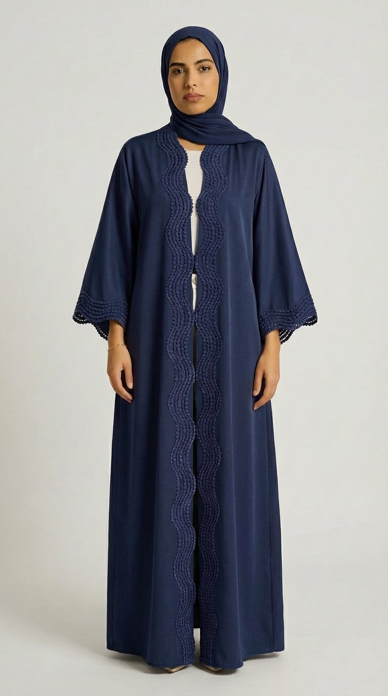 Navy Blue Open-Front Abaya with Scalloped Trim