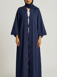 Navy Blue Open-Front Abaya with Scalloped Trim