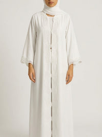 White Open-Front Abaya with Scalloped Trim.