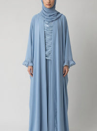 Serene Powder Blue Abaya Set with Ruched Inner Dress & Ruffled Sleeves