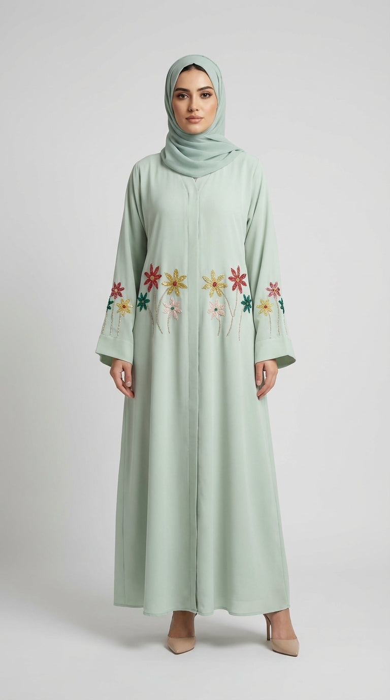 Pistachio Floral Embroidered Closed Abaya