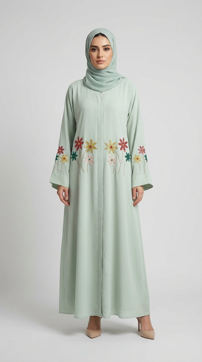 Pistachio Floral Embroidered Closed Abaya
