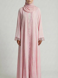 Soft Rose Lace-Trimmed Open Front Abaya