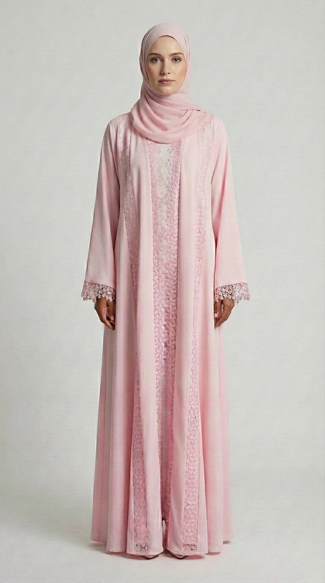 Soft Rose Lace-Trimmed Open Front Abaya