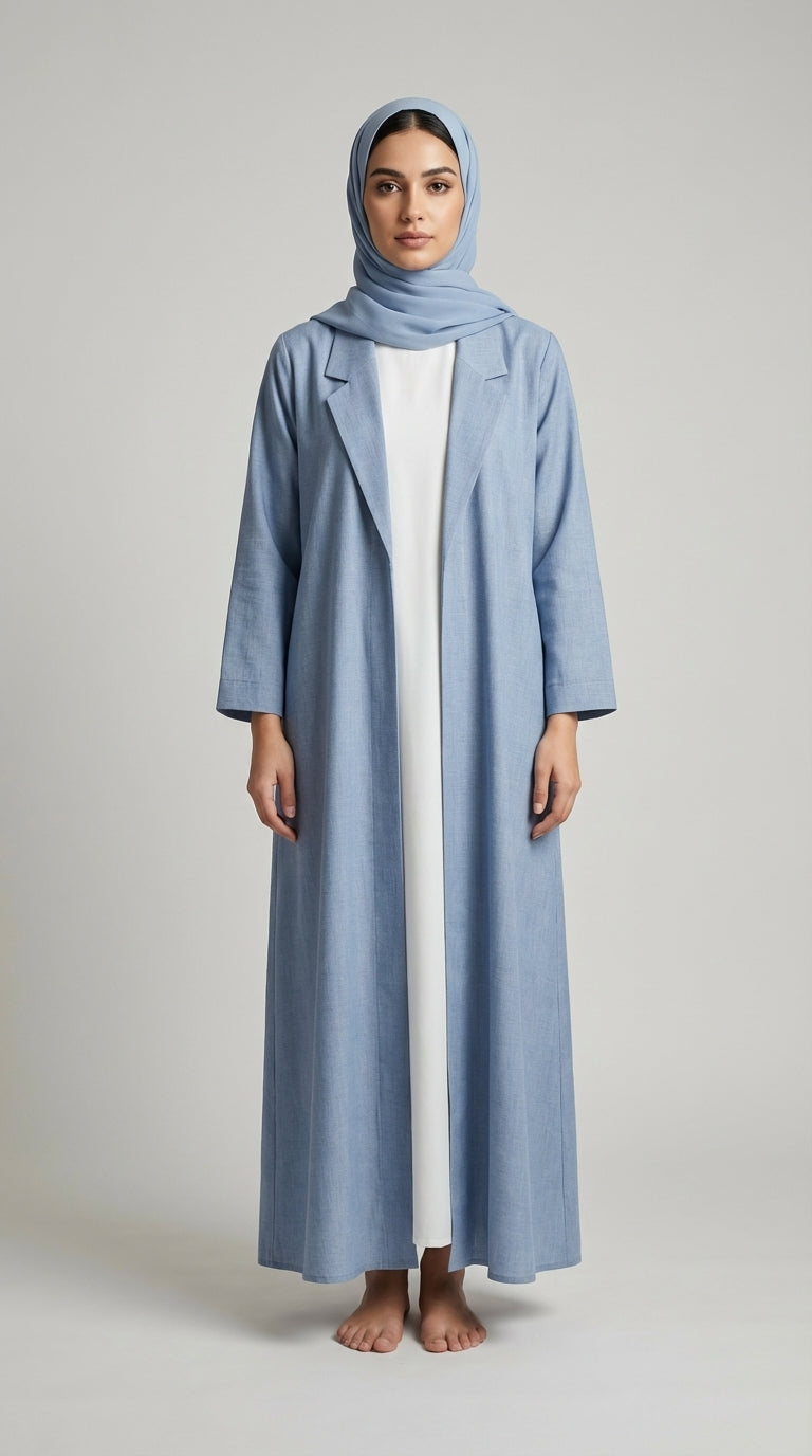 Dusty Blue Coat-Style Abaya with Lapel Collar