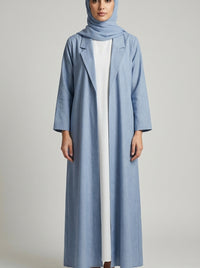 Dusty Blue Coat-Style Abaya with Lapel Collar