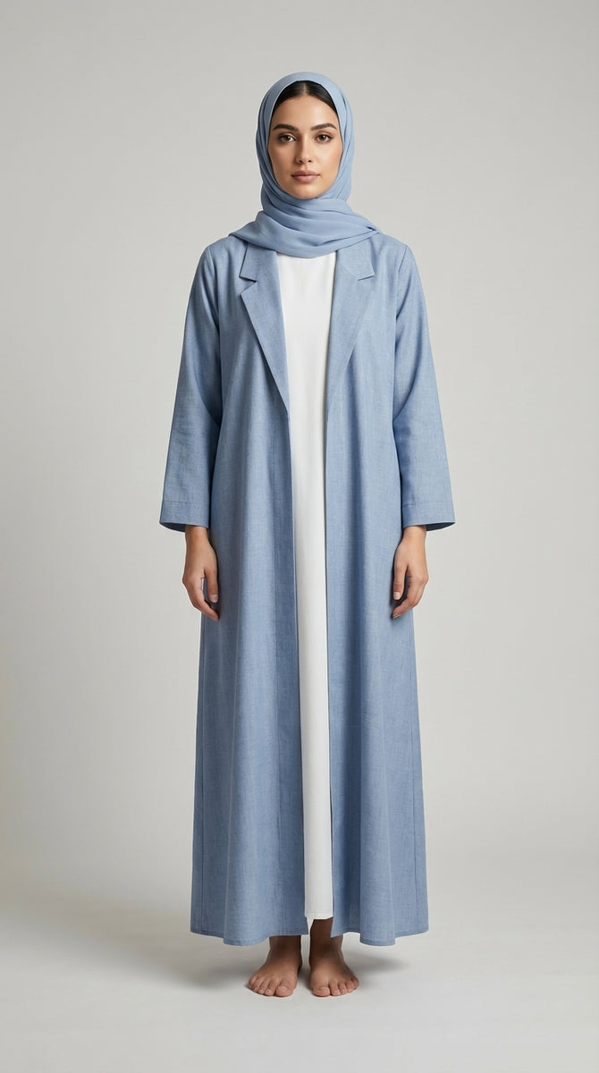 Dusty Blue Coat-Style Abaya with Lapel Collar
