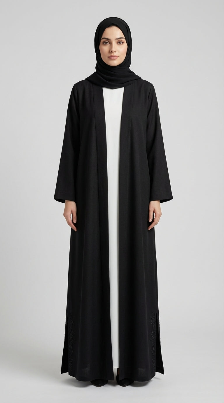 Jet Black Coat-Style Abaya with Lapel Collar